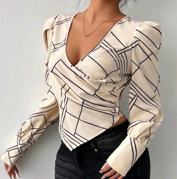 Classic Geometric Print Asymmetrical Sleeve Puff Sleeve Blouse One Shoulder Blou - Picture 4 of 4